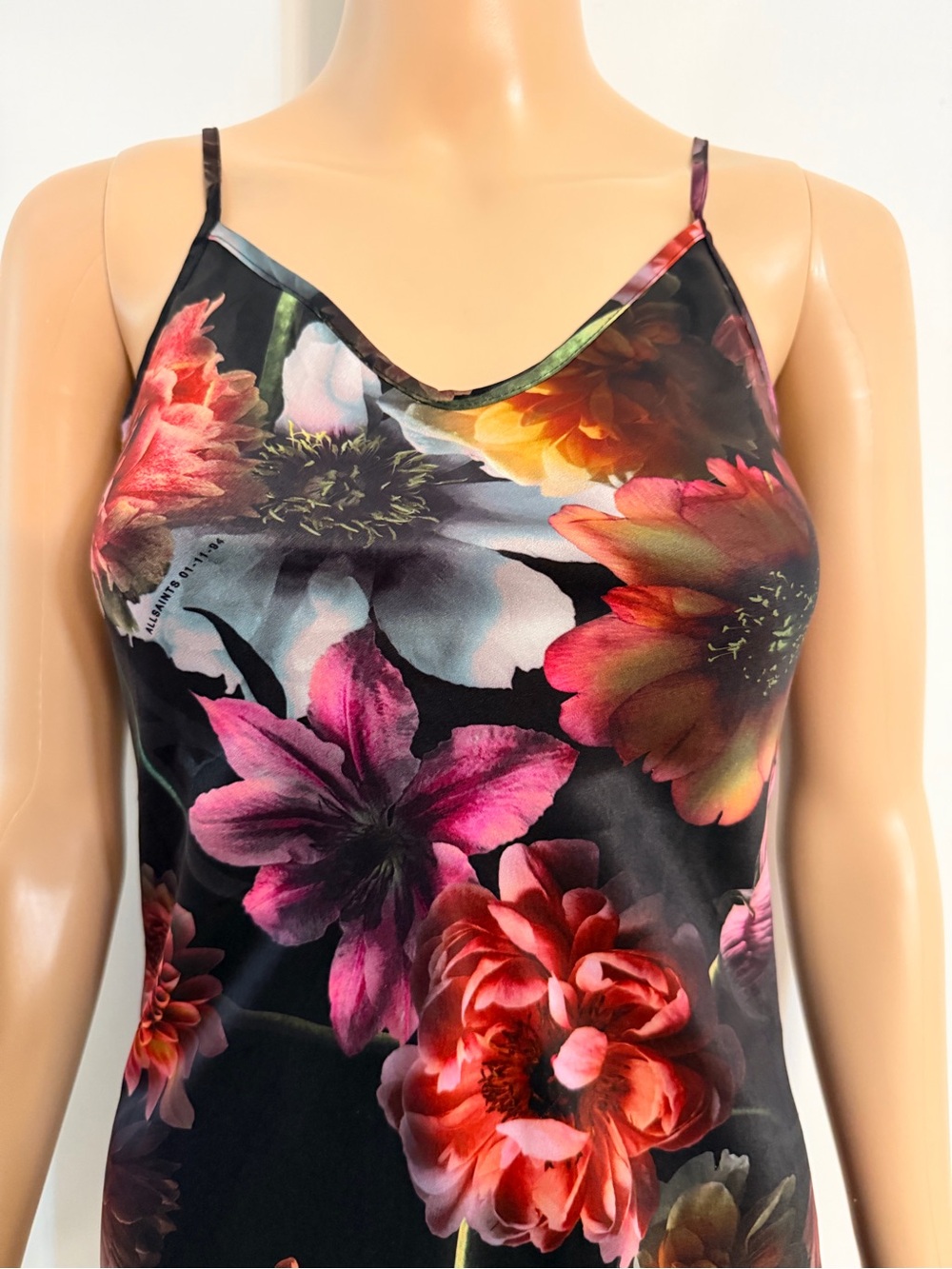 Black all saints Floral Slip Midi Dress with Red & Pink Blooms - Picture 7 of 9
